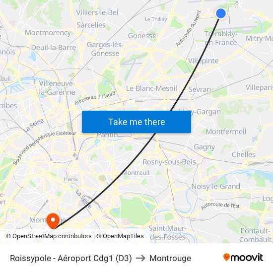 Roissypole - Aéroport Cdg1 (D3) to Montrouge map