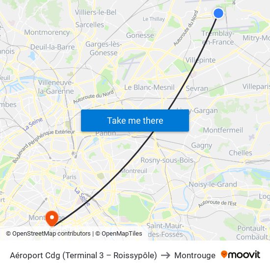Aéroport Cdg (Terminal 3 – Roissypôle) to Montrouge map
