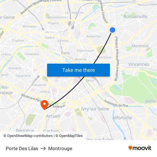 Porte Des Lilas to Montrouge map