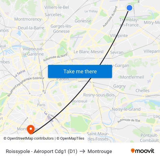 Roissypole - Aéroport Cdg1 (D1) to Montrouge map