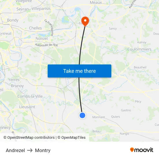 Andrezel to Montry map