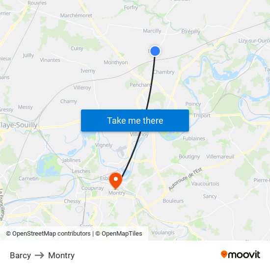 Barcy to Montry map