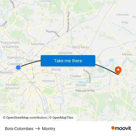 Bois-Colombes to Montry map