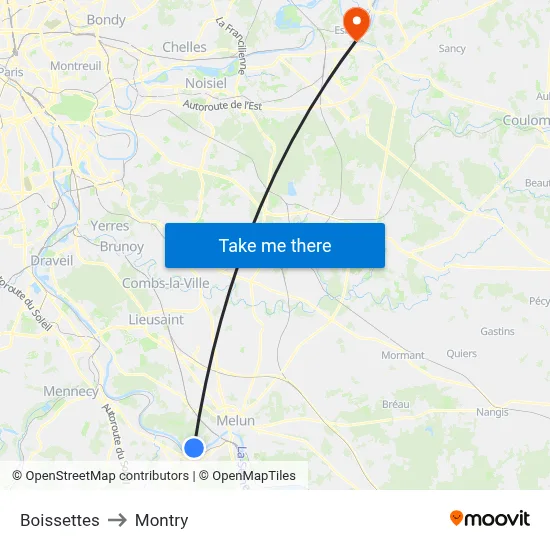 Boissettes to Montry map