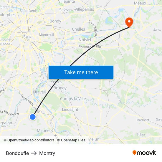 Bondoufle to Montry map