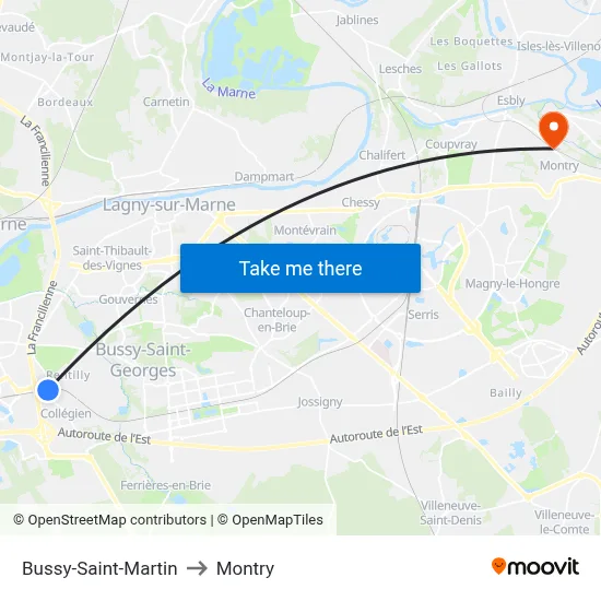 Bussy-Saint-Martin to Montry map