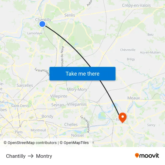 Chantilly to Montry map