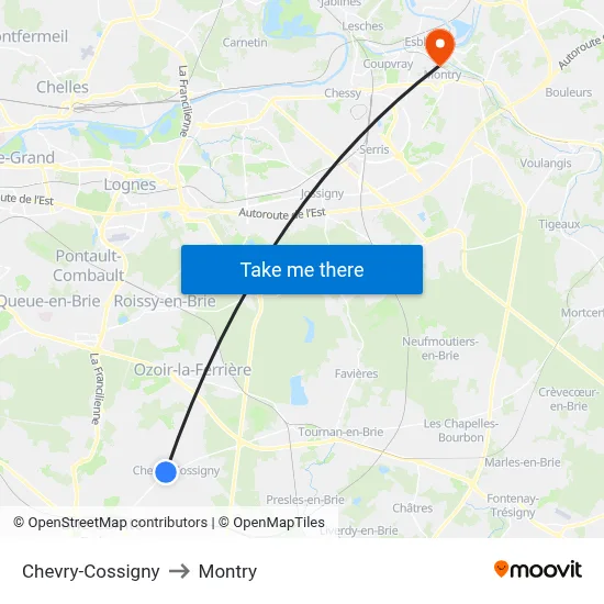 Chevry-Cossigny to Montry map