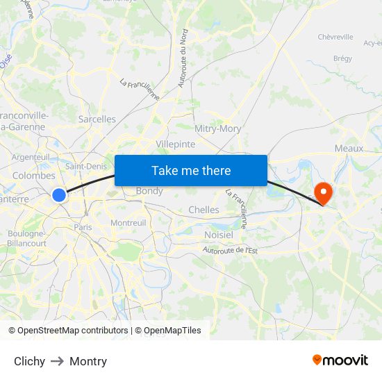 Clichy to Montry map