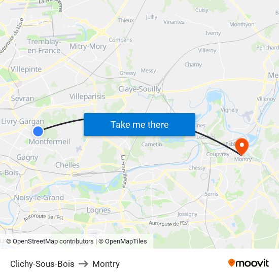 Clichy-Sous-Bois to Montry map