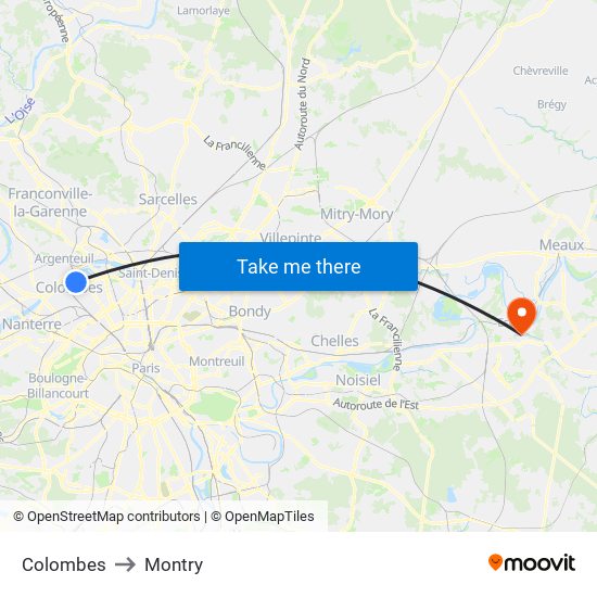 Colombes to Montry map
