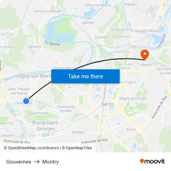 Gouvernes to Montry map