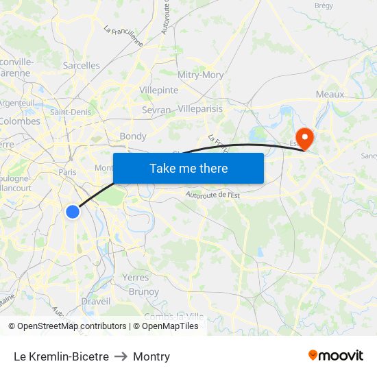 Le Kremlin-Bicetre to Montry map