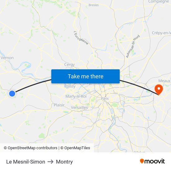 Le Mesnil-Simon to Montry map