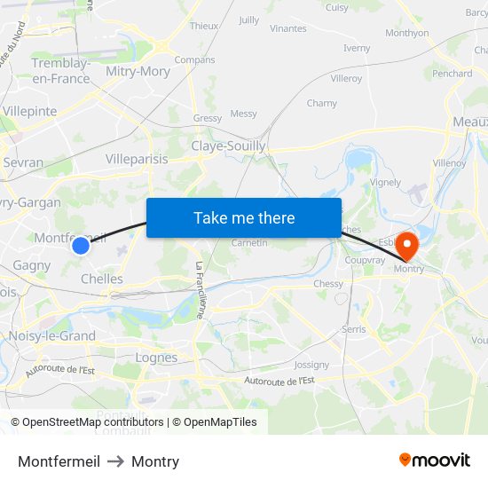 Montfermeil to Montry map