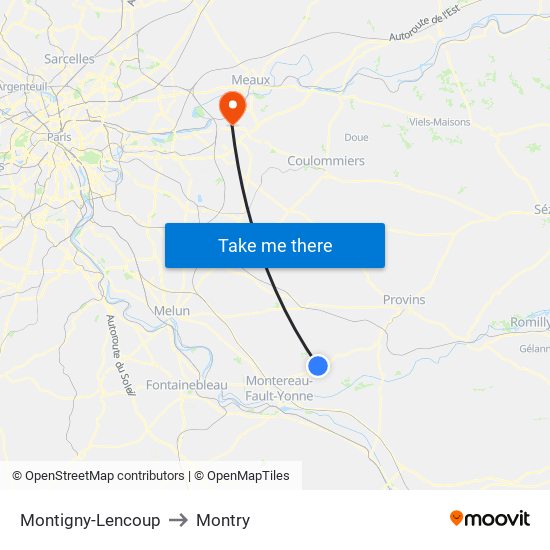 Montigny-Lencoup to Montry map