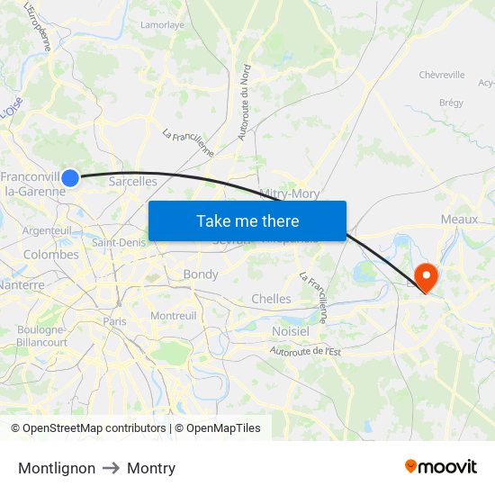 Montlignon to Montry map