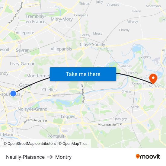 Neuilly-Plaisance to Montry map