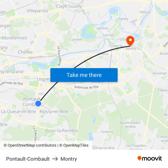 Pontault-Combault to Montry map