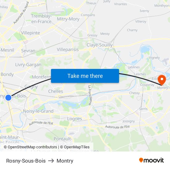 Rosny-Sous-Bois to Montry map