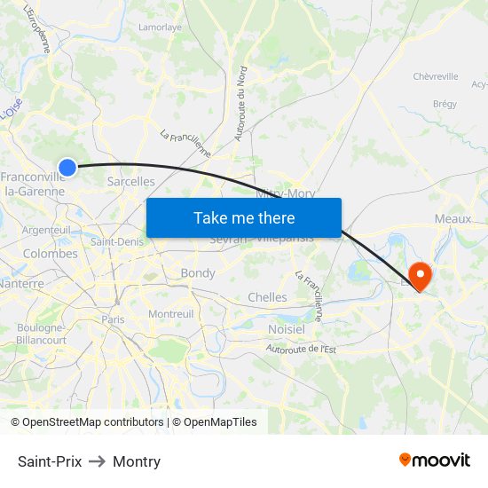Saint-Prix to Montry map