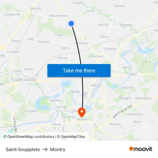 Saint-Soupplets to Montry map