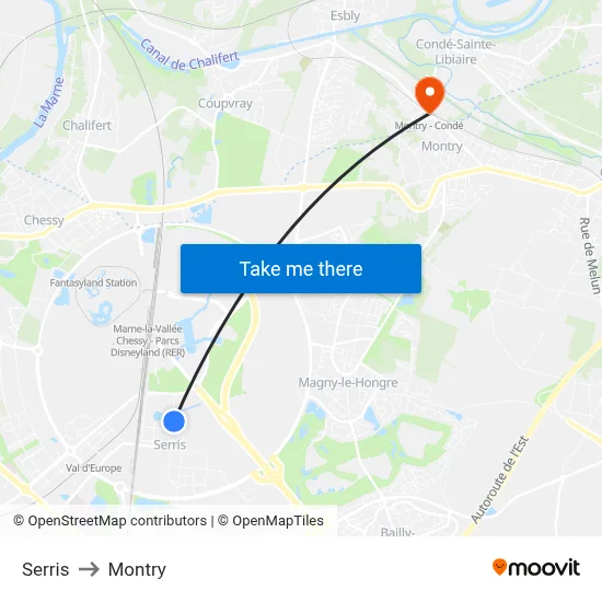 Serris to Montry map