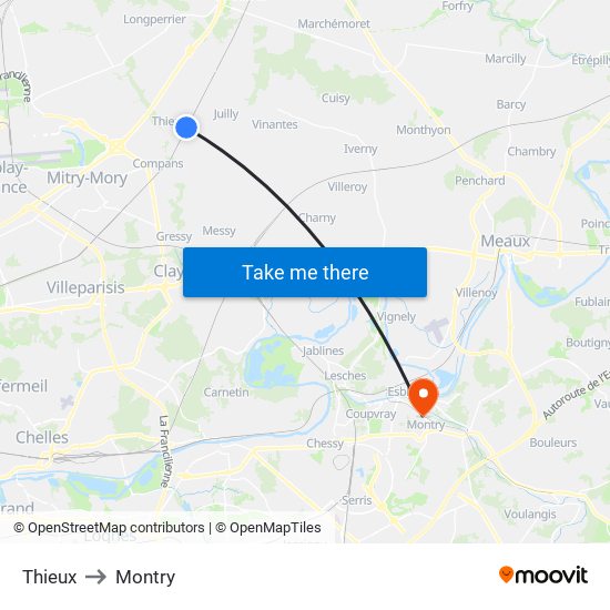 Thieux to Montry map