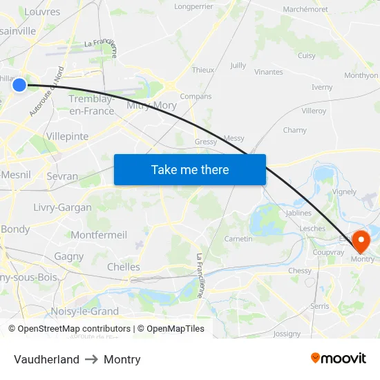 Vaudherland to Montry map