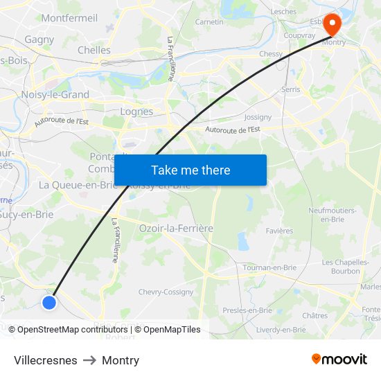 Villecresnes to Montry map