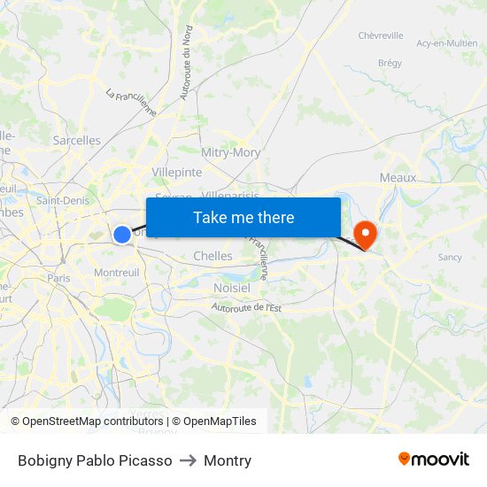 Bobigny Pablo Picasso to Montry map