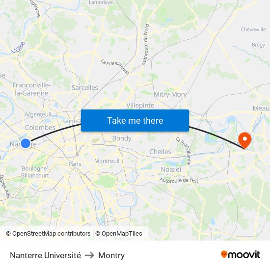 Nanterre Université to Montry map