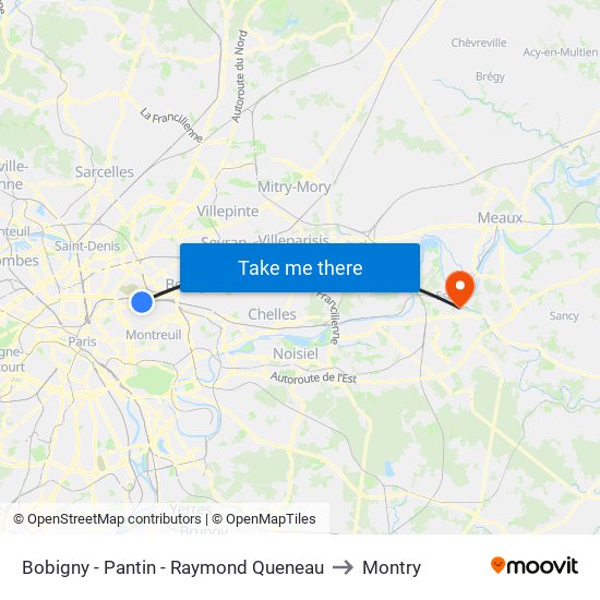 Bobigny - Pantin - Raymond Queneau to Montry map