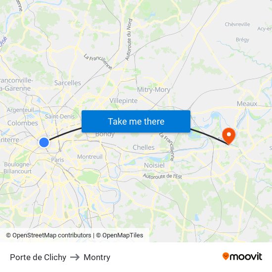Porte de Clichy to Montry map