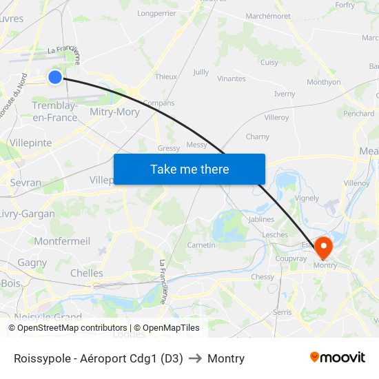 Roissypole - Aéroport Cdg1 (D3) to Montry map