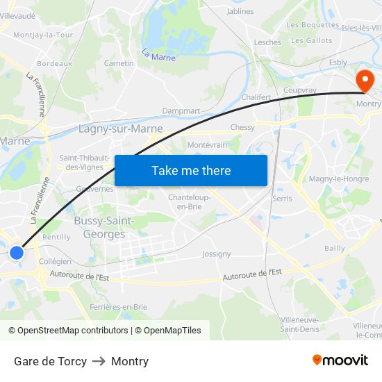 Gare de Torcy to Montry map