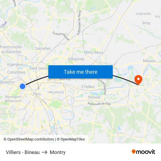 Villiers - Bineau to Montry map