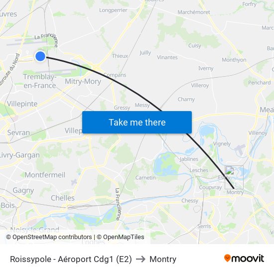 Roissypole - Aéroport Cdg1 (E2) to Montry map