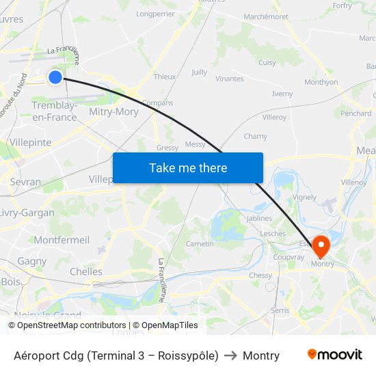 Aéroport Cdg (Terminal 3 – Roissypôle) to Montry map