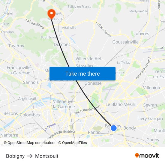 Bobigny to Montsoult map