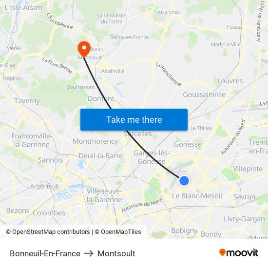 Bonneuil-En-France to Montsoult map