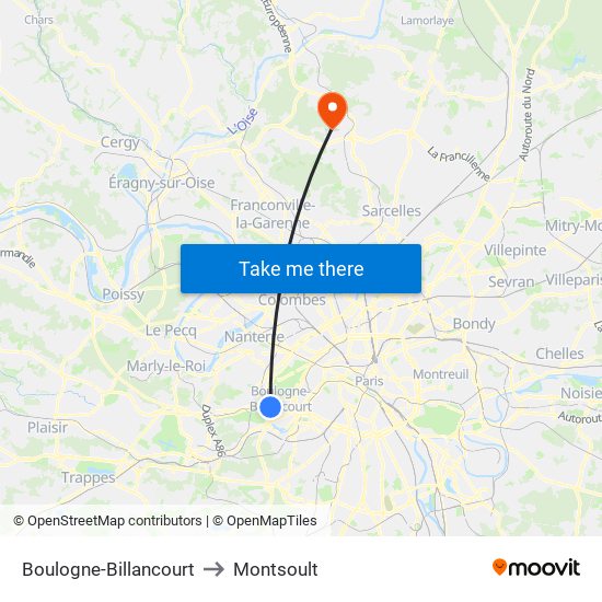 Boulogne-Billancourt to Montsoult map