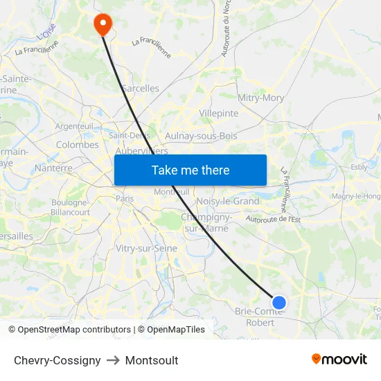 Chevry-Cossigny to Montsoult map