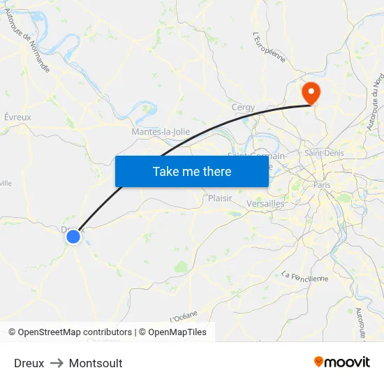 Dreux to Montsoult map