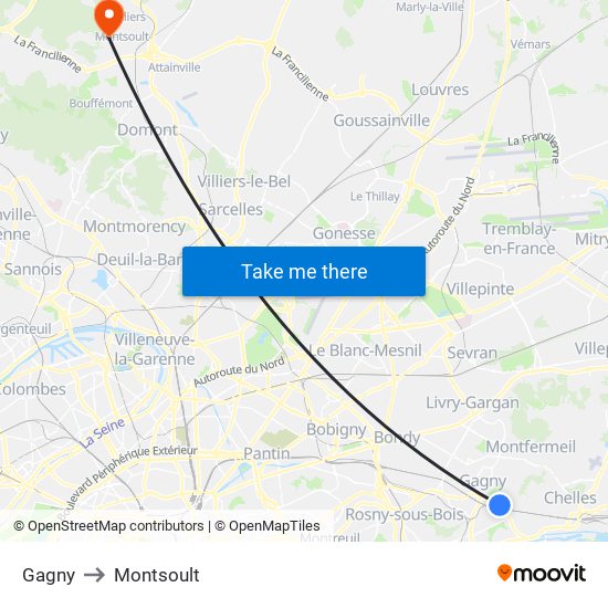 Gagny to Montsoult map