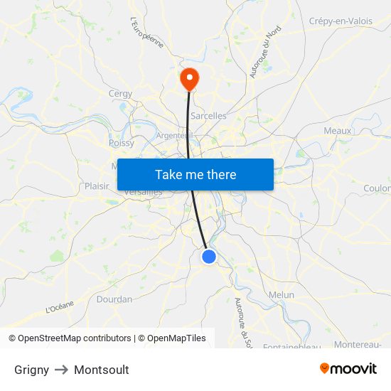 Grigny to Montsoult map