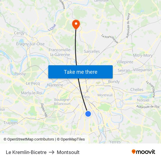 Le Kremlin-Bicetre to Montsoult map
