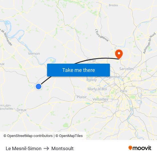 Le Mesnil-Simon to Montsoult map