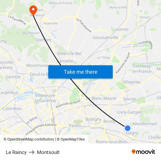 Le Raincy to Montsoult map