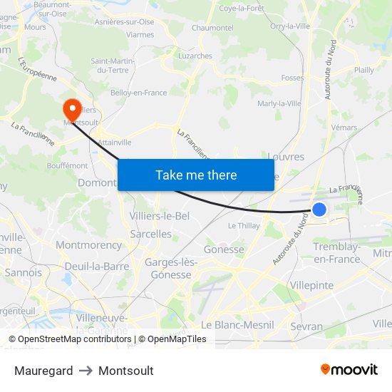 Mauregard to Montsoult map